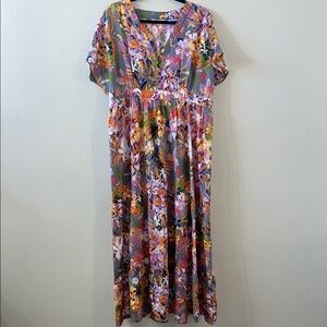 Pink and Orange V-Neck Dolman Sleeve Maxi Sundress